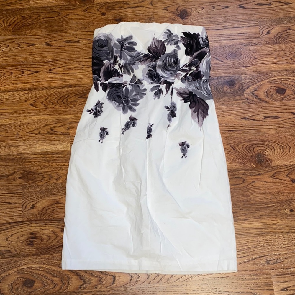 White and Grey Floral Strapless Dress